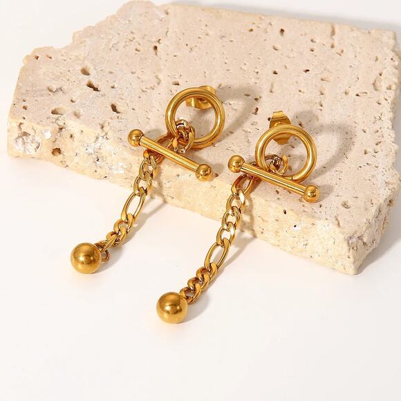 T Bar Detachable Ball Pendant Chain Earrings 18K‎ Gold Plated Stainless Steel - Picture 5 of 9